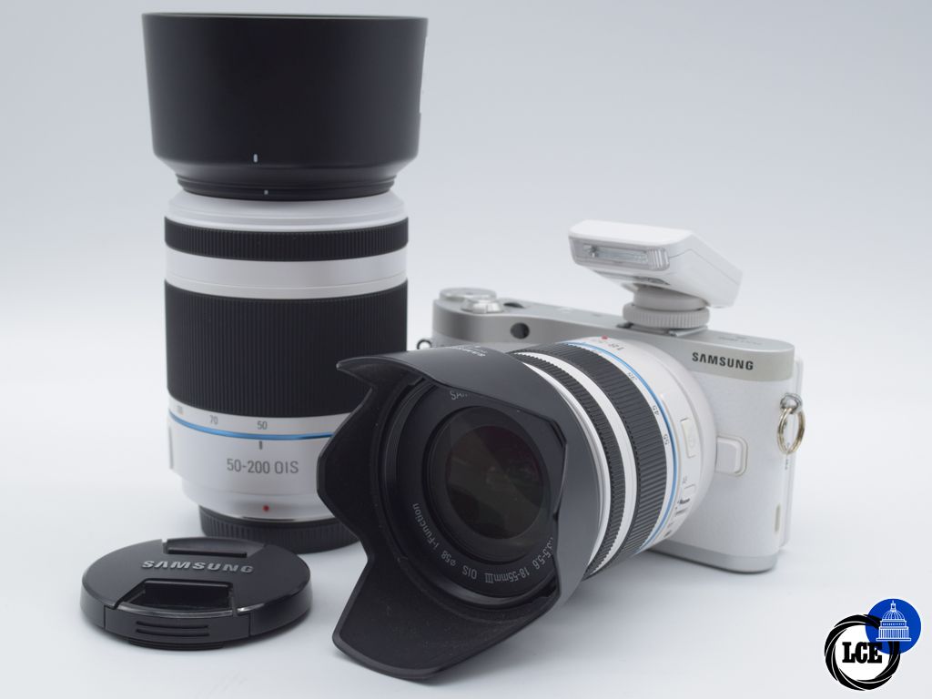 Samsung NX300 White/Silver+ 18-55mm OIS & 50-200mm OIS Twin Zoom Kit (Boxed+ Spare battery)